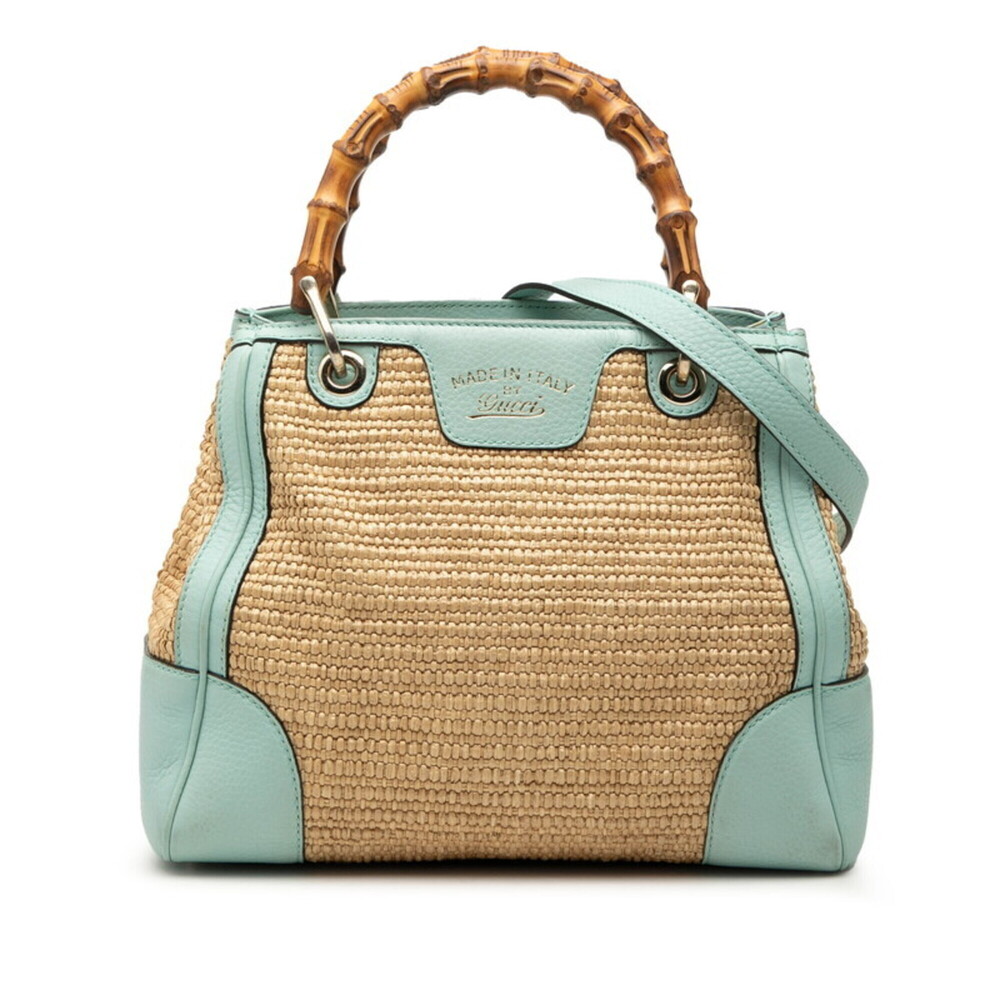 Gucci Bamboo Shopper Small Handbag Shoulder Bag 2WAY 336032 Green Beige Leath...